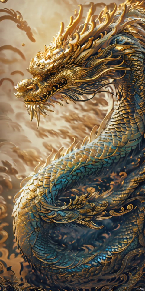 Design a golden dragon pattern, very dynamic, metal relief three-dimensional sense is very strong, relief material for thin rusty metal, with gold and yellow as the main color, dark black steel flood air struggle, dazzling background,16k
