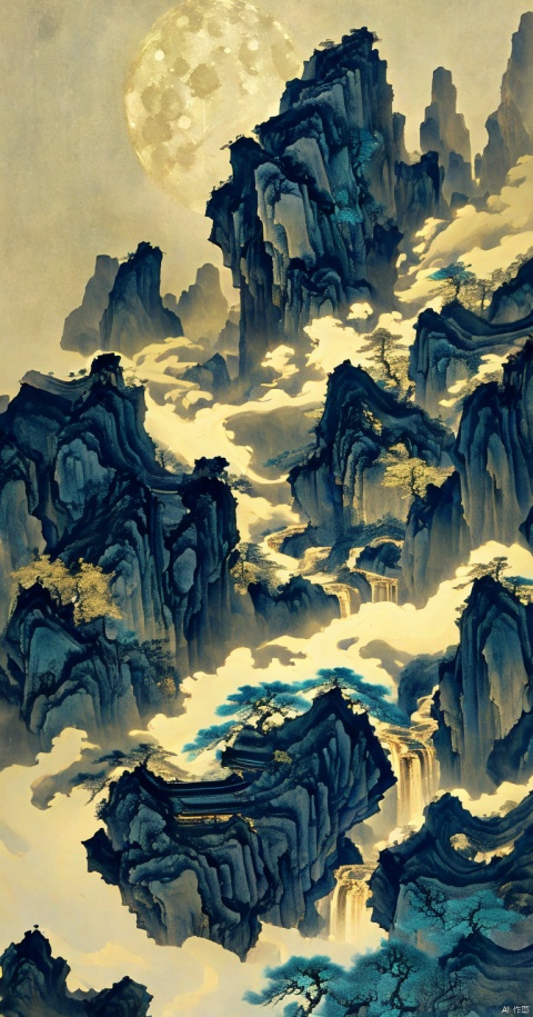  guofeng,no humans, on a dark and picturesque night, a huge full moon rose high, black towering mountains blocked part of the moon, there was a golden waterfall flowing down from the mountain, and some pine trees were faintly seen on the mountain,Tranquil, mysterious landscape, dark cliffs, no buildings, moon in the water