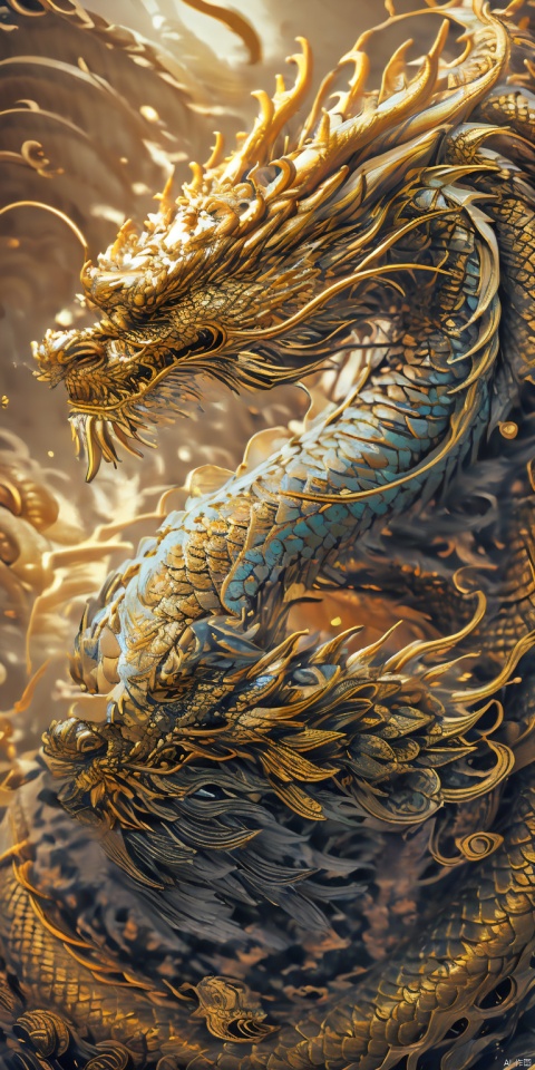 Design a golden dragon pattern, very dynamic, metal relief three-dimensional sense is very strong, relief material for thin rusty metal, with gold and yellow as the main color, dark black steel flood air struggle, dazzling background,16k