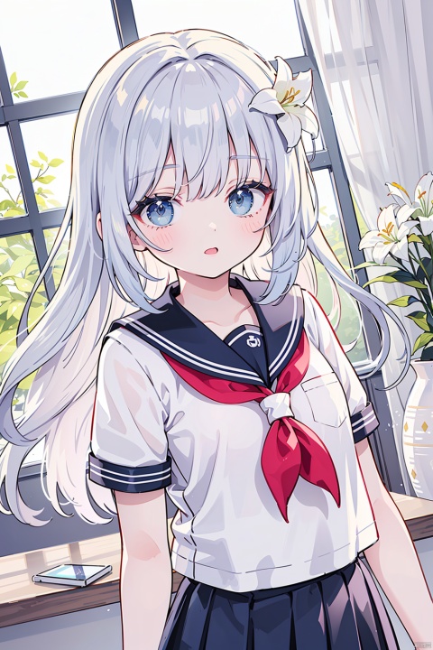 masterpiece, best quality, {best quality}, {{masterpiece}}, {highres}, original, extremely detailed wallpaper, 1girl,{an extremely delicate and beautiful}, {{angle}} , hair flower, illustration, school uniform, sunlight, detailed eyes, lily,