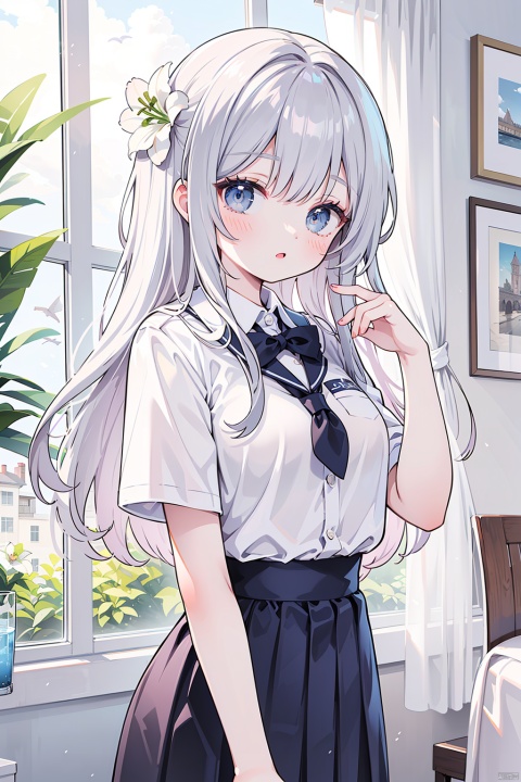 masterpiece, best quality, {best quality}, {{masterpiece}}, {highres}, original, extremely detailed wallpaper, 1girl,{an extremely delicate and beautiful}, {{angle}} , hair flower, illustration, school uniform, sunlight, detailed eyes, lily,