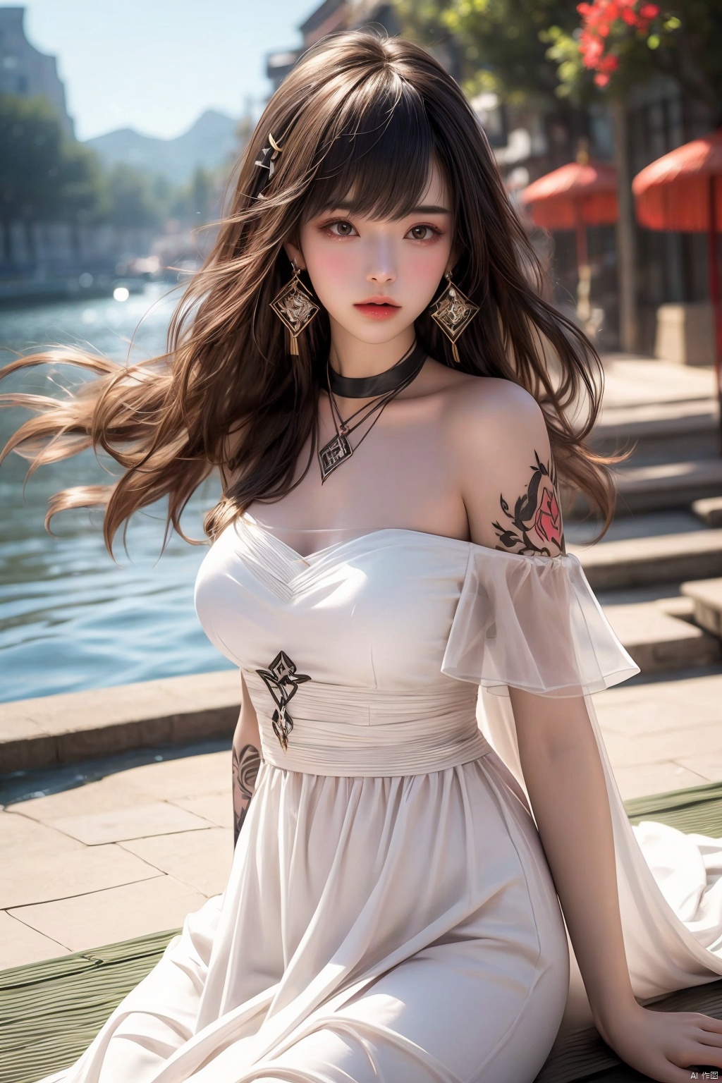  1girl,Bangs, off shoulder, black hair, white dress, chest, earrings, dress, earrings, floating hair, jewelry, sleeveless, short hair,Looking at the observer, parted lips, pierced,energy,electricity,magic,(solo),delicate countenance,chinese girls,fancy,8k,Long hair(transparent:1.1),energy encirclement,instant,in the twinkling of an eye,full body,(glassy texture:1.2),(crush:1.2),accessory,tattoo,gown,