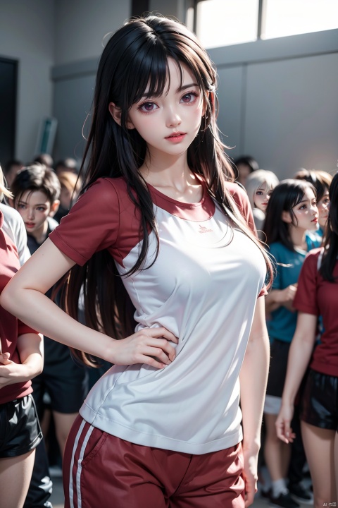masterpiece,best quality,masterpiece,best quality,official art,extremely detailed CG unity 8k wallpaper,huge_filesize,girl,student,very long hair,black hair,sportswear,gym_uniform,red eyes,small breasts,surrounded, multiple others, exhibitionism, audience, background characters, crowd, public humiliation,game_cg