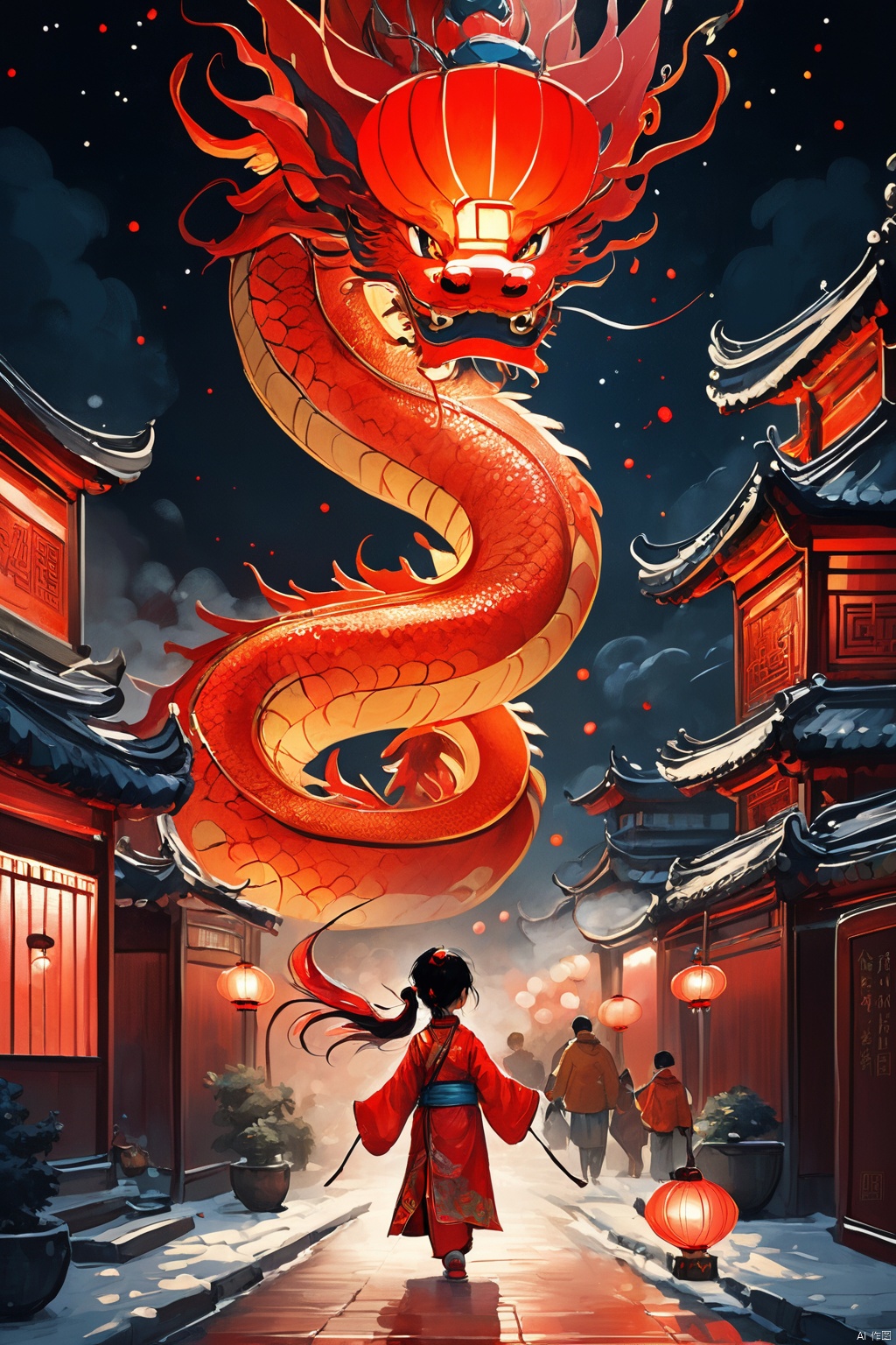  Masterpieces, high-definition art illustrations, Best Quality, New Year&#039;s Eve, fireworks in the night sky, a Red Chinese dragon, little girl carrying Red Lanterns, busy streets, celebrations