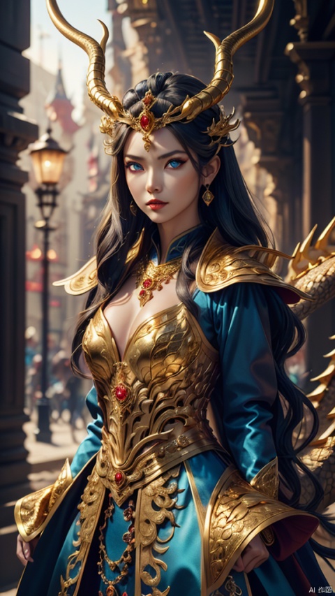 fantasy art,concept art of a (female dragon,female dragon with blue eyes,Humanoid,antlers,a dragon by her side,BREAK,dramatic lighting,from below,look back,Extraordinary details,GdClth,gold-hair princece,gorgeous)))) royal dress,gorgeous)))) gold tiara,gorgeous)))) gold necklace,gorgeous)))) gold accessories,light on body,Leica 50mm f/1.9