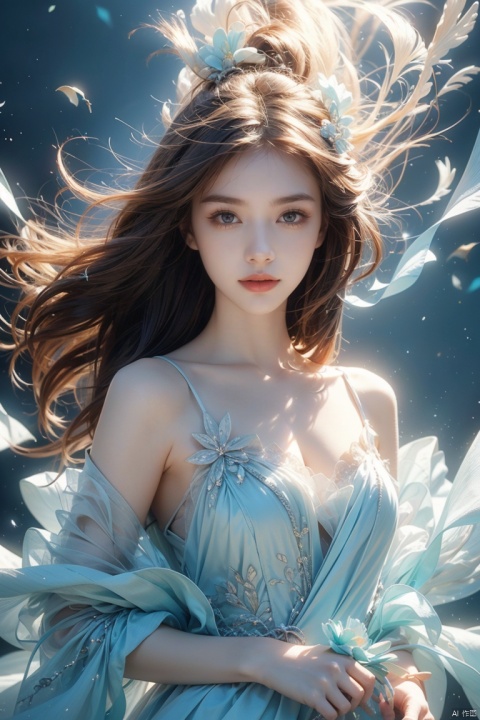  Masterpiece, (ultra wide angle lens: 1.2), Unity8k wallpaper, best quality, (detail shadow: 1.1), a beautiful girl, on a sea of light blue silk, translucent silk, floating light blue silk, surrealist style, minimalism, highly detailed texture, light blue, white clean background, CG rendering, light passing through clouds, 8k resolution, (motion photo: 1.2), (Fidelity: 1.4), original photos, movie lighting, 1girl