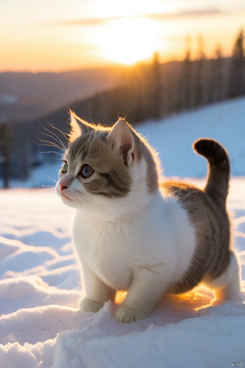  The protagonist cat is in the snow, gazing at the sunset background,