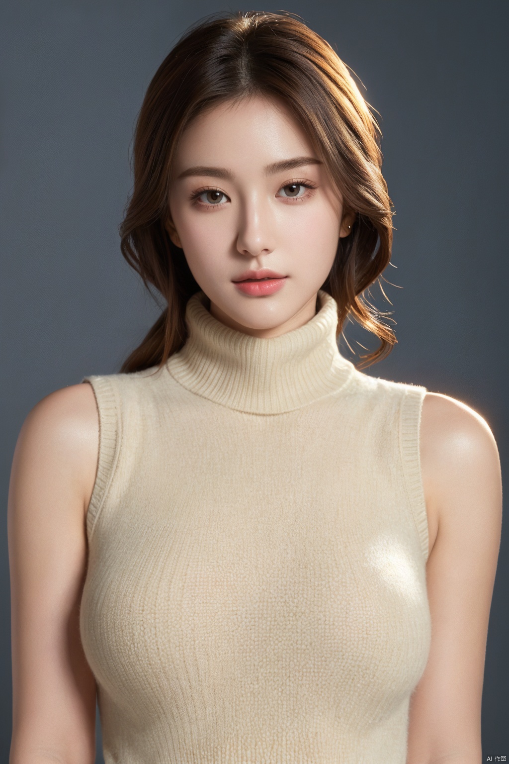  masterpiece, high quality, 8k uhd, realistic, perfect face, beautiful face, sweater, turtleneck, sleeveless, bare shoulder, gorgeous, gorgeous female, beautiful, perfect round breasts, charming, perfect female body, fancy lighting, perfect skin, soft skin
