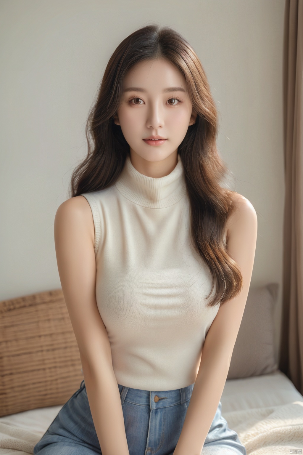  masterpiece, high quality, 8k uhd, realistic, perfect face, beautiful face, sweater, turtleneck, sleeveless, bare shoulder, gorgeous, gorgeous female, beautiful, perfect round breasts, charming, perfect female body, fancy lighting, perfect skin, soft skin
