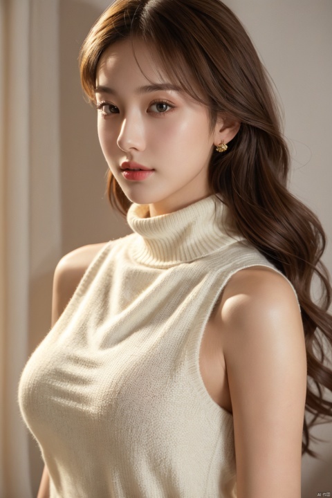  masterpiece, high quality, 8k uhd, realistic, perfect face, beautiful face, sweater, turtleneck, sleeveless, bare shoulder, gorgeous, gorgeous female, beautiful, perfect round breasts, charming, perfect female body, fancy lighting, perfect skin, soft skin
