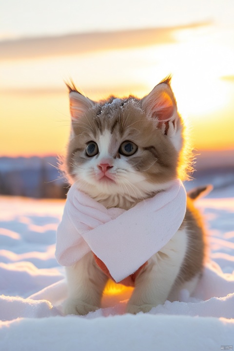  The protagonist cat is in the snow, gazing at the sunset background,