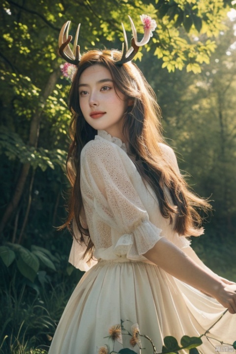Vintage portrait,photography style,soft focus,pure face,Deer,girl,antlers,vine with leaves,Blonde hair,European and American advanced face,freckles,Detailed light and shadow,Wind,Strong Sunshine,Two plaits,The forest,Front light source,\xing he\,tm,flowing skirts,Giant flowers