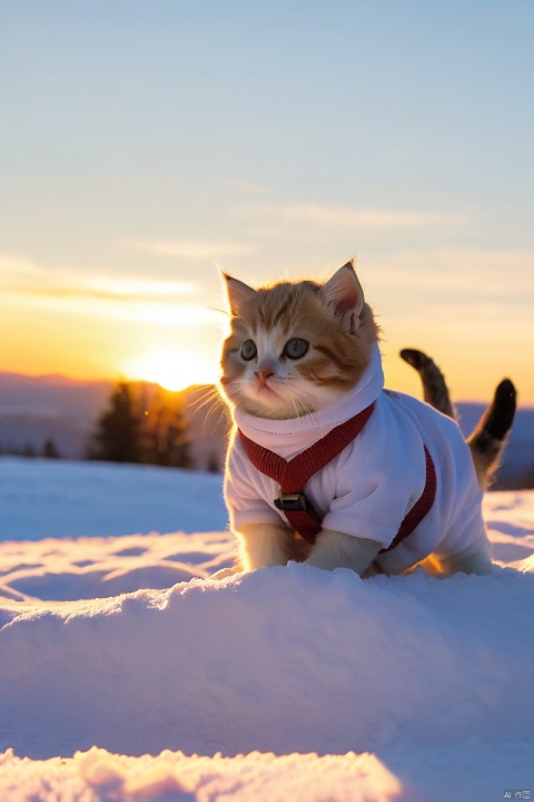  The protagonist cat is in the snow, gazing at the sunset background,