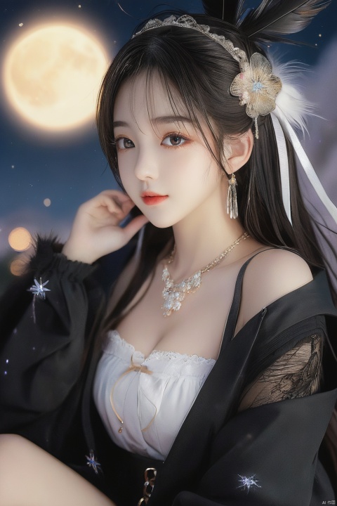  high detail, extremely detailed 8k wallpaper, starry sky, night sky, facing the lens, beautiful detailed sky, luna, glowworm, garden, seductive smile, beautiful detailed eyes, sidelocks, multicolored eyes, mole under mouth, medium breasts, slim legs, skinny, ahoge, Black hair,asymmetrical bangs, drill hair, big hair, curvy, side ponytail, feet, hime cut, hoodie, loose socks, lace, kanzashi, color?:skirt, feather hair ornament, high heels, hair tie, crystal earrings, ankle lace-up, necklace, innocent, white skin, 1girl, hair tucking,