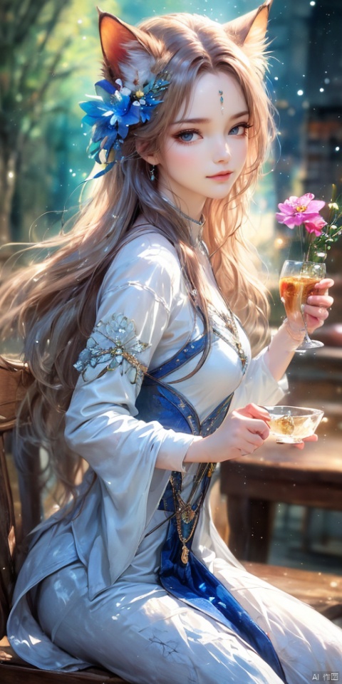  1girl, ahoge, blue_eyes, blurry, blurry_background, blurry_foreground, blush, chair, cup, depth_of_field, drinking_straw, flower, hair_between_eyes, holding, long_sleeves, looking_at_viewer, motion_blur, purple_flower, sitting, solo, table, white_flower, white_hair, jewels, Dance,movements, xiaoyemao