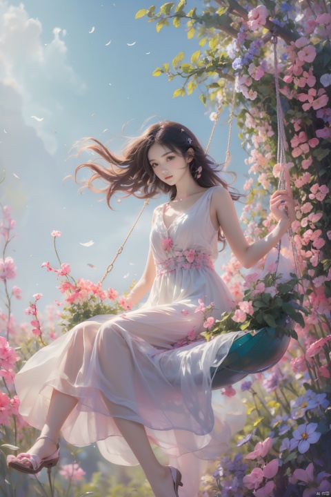  Garden girl, sitting on a swing, enjoying the breeze, surrounded by beautiful gardens and green fields. The picture was warm and quiet., 1girl, sdmai, tm