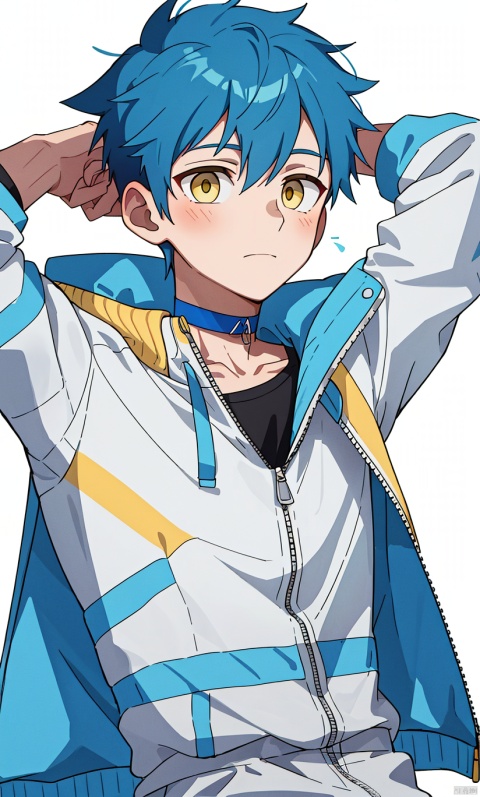  1boy,blue hair,yellow eyes,white jacket,arm behind head,choker