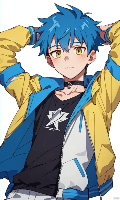  1boy,blue hair,yellow eyes,white jacket,arm behind head,choker