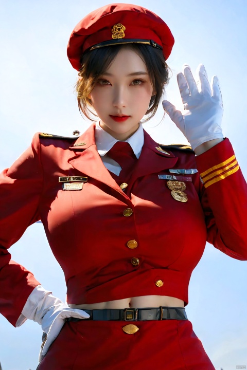  High quality, masterpiece, wallpaper, 1 girl, Stewardess, red unifrom, white gloves,Soldier berets,Half body,xiaowu,Half body,Expose your navel, expose your shoulders,