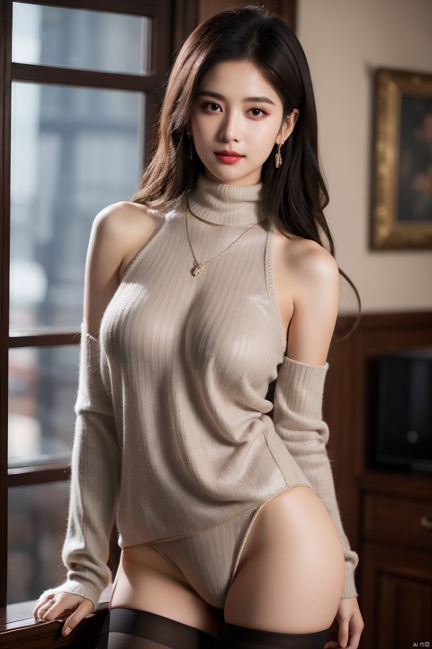(large breasts:1.5), 1girl, solo, long hair, breasts, looking at viewer, brown hair, long sleeves, dress, bare shoulders, jewelry, medium breasts, underwear, standing, panties, pantyhose, cowboy shot, detached sleeves, sleeveless, artist name, indoors, necklace, clothes lift, blurry, sweater, see-through, black pantyhose, mask, no panties, blurry background, turtleneck, watermark, wavy hair, skirt lift, lifted by self, ribbed sweater, panties under pantyhose, mirror, turtleneck sweater, mouth mask, covered mouth, black sweater, sweater dress, grey pantyhose, see-through legwear
From the side, looking at the audience with a slight smile, solo, exquisite facial features,
Masterpiece, best quality, 8k resolution, absurd, extremely detailed, highly detailed,
Ray tracing, telephoto lenses, movie angles, depth of field, 1girl, Asian girl