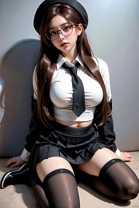  1girl, solo, long hair, looking at viewer, skirt, brown hair, thighhighs, navel, pleated skirt, necktie, shoes, glasses, midriff, striped, cosplay, kneeling, black necktie, striped thighhighs,thighhighs, hat, shoes, uniform, high heels, white thighhighs, military, cosplay