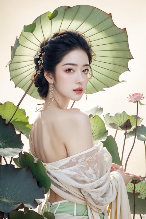  RAW photo, detailed face, ++, f22, beautiful symmetrical face, cute natural makeup, elegant, feminine, highly detailed, a 1girl, (full body:0.8)pose with parasols like a huge lotus leaf, ((huge lotus leaf))in the style of light emerald, oriental minimalism, subtle elegance, hd mod, in the style of elegant clothing, light green, realistic yet ethereal, simplistic designs, oriental, whimsical shapes, serene harmony beautiful symmetrical face, elegant, feminine, highly detailed, intricate,best quality, ultra-detailed, masterpiece, hires, 8k,(photorealistic),transparent,