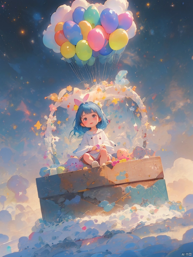  masterpiece,/imagine prompt: a tiny blue haired girl child sits cross-legged in the middle of an impossibly large ice cream sundae bowl, multi-colored scoops of ice cream piled high around her, swirls of vivid pistachio, strawberry and mint chip sauce drizzle down the sides, a menagerie of ice cream balloons in rainbow hues float around her, caught mid burst, the little girl gazes into the distance with dreamy expression, captivated by her sugary wonderland, captured with wide angle telephoto lens to show huge scale of ice cream bowl relative to tiny subject, washed in warm pastel colors that glow against the rich cobalt of her hair,1girl