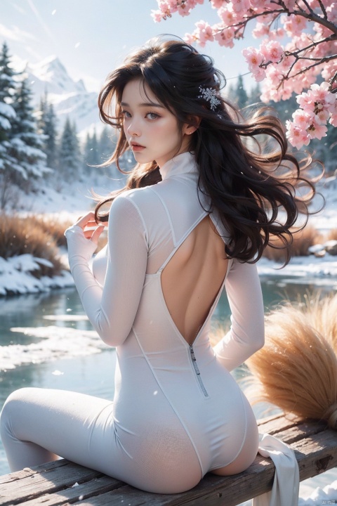  (Masterpiece), (Ultra High Resolution), in winter, a girl sits on a hillside, lemon, flower, (Ski suit tights), backless, looking from behind. Surrounded by reeds and flowers, the lake in the distance. Snowflakes fall from the sky, adding a sense of tranquility and peace to the entire scene. Snowy days, winter, cold weather, looking up from the buttocks, beautiful scenery, peaceful atmosphere, fluffy snowflakes, reeds, flowers, natural photography, high-quality images, detailed textures, and vibrant colors