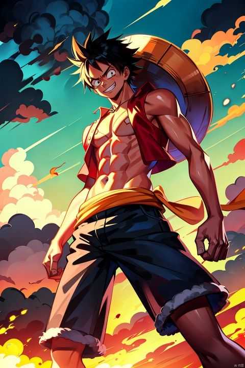  Monkey d. luffy, 1boy,abs,black hair,blurry,cloud,cloudy sky,fire,glowing,grin,male focus,muscular,sky,smile,solo,spiked hair,teeth, masterpiece