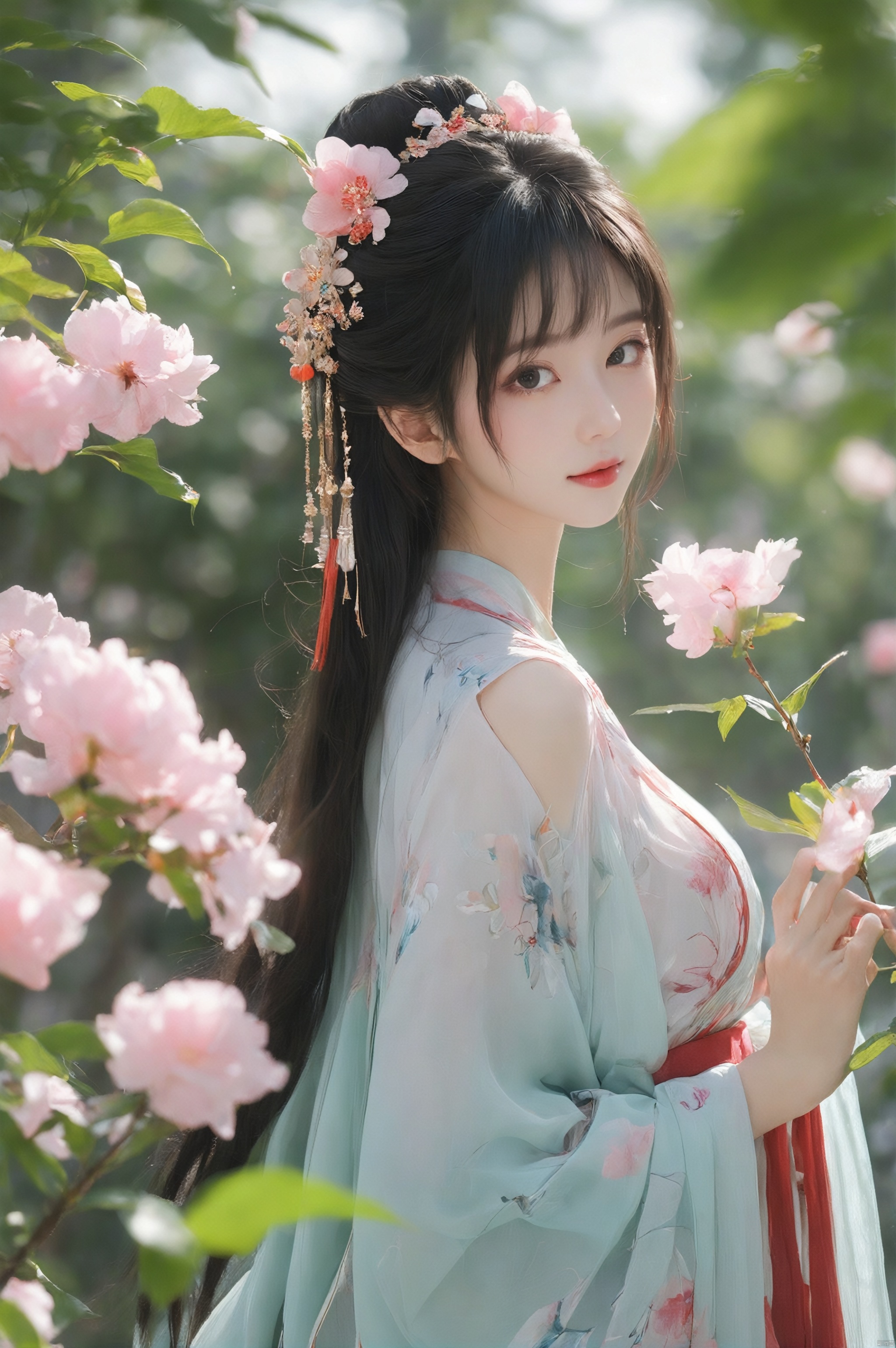  arien_hanfu,1girl, solo, flower, long hair, black hair, hair ornament, (big breasts:1.89),hair flower, blue|green eyes, floral print, chinese clothes, looking at viewer, detached sleeves, upper body, white flower, parted lips, dress, pink flower, china dress, bare shoulders, blush, red flower, eyelashes, white dress, lips, sleeveless, parted bangs, grey background, gongzhuqie, neon_dress,huansha, glowing,lens flare,big leaf,plant, wind, chang,(big breasts:1.99), light master, MAJICMIX STYLE