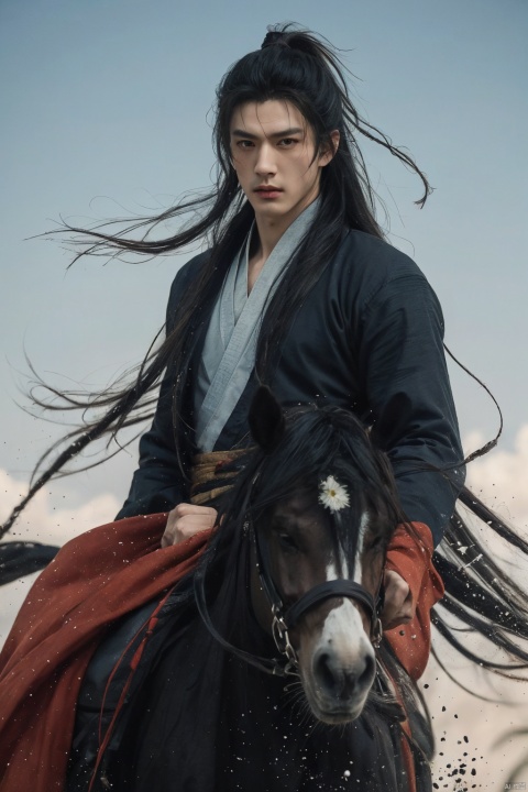  Long shot,flounce, deep flower background,draw a bow
 a middle-aged male person, sdmai, martial arts, gorgeous eyes, wearing blue, cinematic grandeur, splashing details, wild and powerful, solo, black hair, long hair, male focus, looking at the audience,Wei Jin style Hanfu，ride a horse