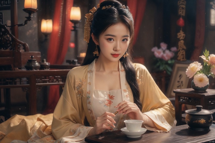 Best quality,HDR,ultra high definition,masterpiece,bestquality,high detailed,8K,A girl, a wealthy family in ancient China, wearing light gold and gorgeous clothes, sitting in front of the table drinking a cup of tea, 1girl, ysn