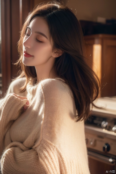 (1 girl:0.6),European and American,with a side face,(short brown hair:0.8),exposed ears,a high necked sweater,eyes closed,central composition,lighting,ultra fine,clear focus