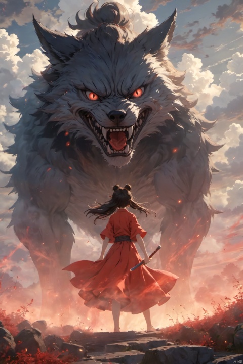 Best quality,HDR,ultra high definition,masterpiece,bestquality,high detailed,8K,movie poster, the title is "Studio Ghibli, written by Hayao Miyazaki", the picture is a black cloud swirls downwards and transforms into a ferocious giant wolf with bared teeth and a bloody mouth, facing a red wear girl in a fighting pose