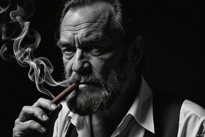 
A middle-aged man with rough skin, severe wrinkles at the corners of his eyes, and a full beard, smoking a cigar in a dark room filled with smoke, blood, black white fujifilm photography, by quentin tarantino,waist up
8K UHD,masterpiece,bestquality,ultra detail,texture
, ((poakl)),