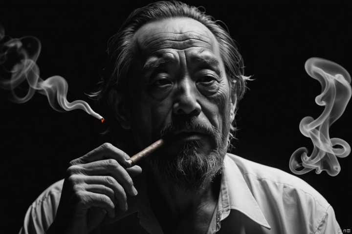 anime style, makoto shinkai style,
A middle-aged man with rough skin, severe wrinkles at the corners of his eyes, and a full beard, smoking a cigar in a dark room filled with smoke, blood, black white fujifilm photography, by Tim Burton,waist up
8K UHD,masterpiece,bestquality,ultra detail,texture
, ((poakl)),