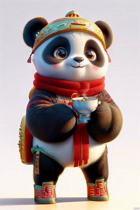 C4D,3d style,UIAIP,panda, (a cute panda, chibi:1.2), wearing HanFu, (white background:1.6), blank background, (Chinese Tea Elements:1.2), (one hand holding Chinese tea:1.7)