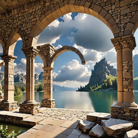 Real lighting, (realistic:0.7), (3D:0.7), (solo:1.3),(Extremely complex elaborate stone arches:1.3), (Lake background:1.3), Cloud cover, best shades,<lora:660447824183329044:1.0>