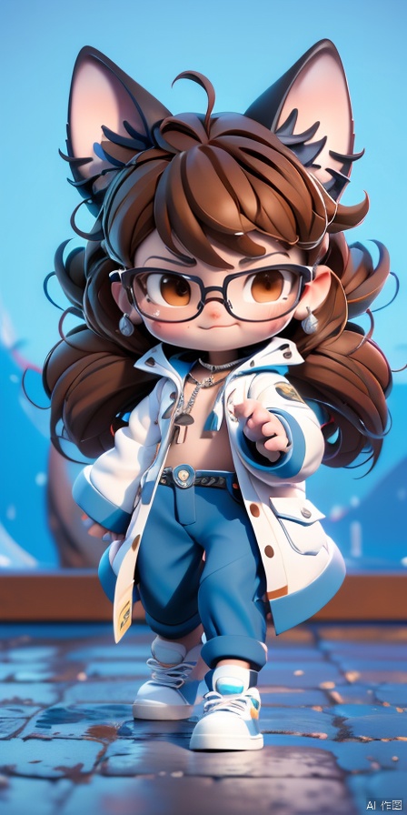 1girl, solo, long hair, looking at viewer, smile, brown hair, shirt, long sleeves, animal ears, brown eyes, closed mouth, standing, jacket, full body, shoes, glasses, pants, virtual youtuber, cat ears, white jacket, blue shirt, denim, sneakers, black-framed eyewear, jeans, arms at sides, blue pants, straight-on
