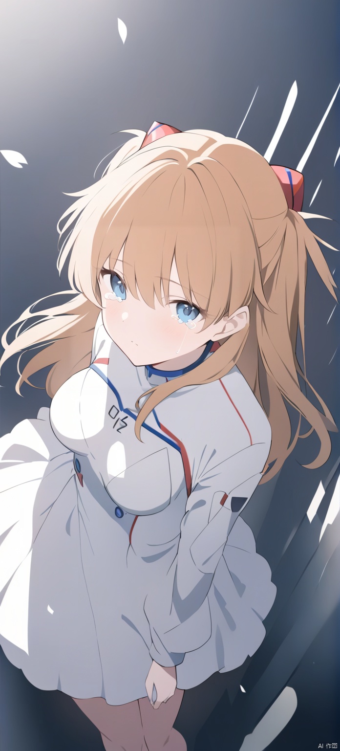 highres,masterpiece,more details,(from above:1.5),(characters occupy one-third of the screen:1.3),anime style,flat,neon genesis evangelion,a girl,(katou asuka:1.1),(streaming_tears:1.2),(wearing a white dress:1.2),(shoulder leakage:1.1),(slight shrug:1.2),sunlight,monochrome background