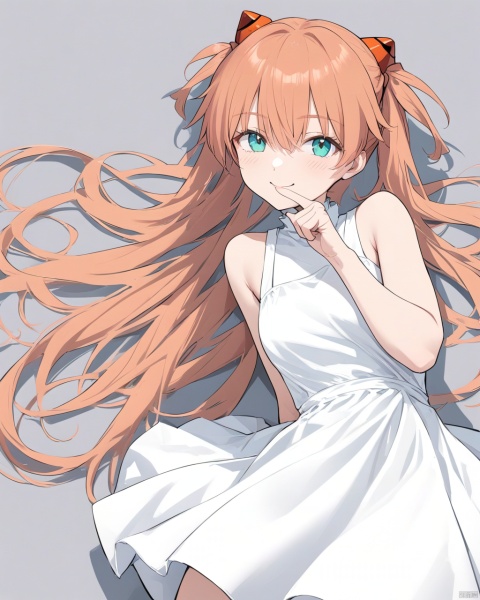  (bestquality), (sharpestresolution), (1girl), "Neon Genesis Evangelion: Asuka", top-down camera angle, looking up at the lens, laughing expression, (hand over mouth), (pointing finger at the camera), slight bend at the waist, white dress with exposed shoulders, twin tails hairstyle, anime flat color style