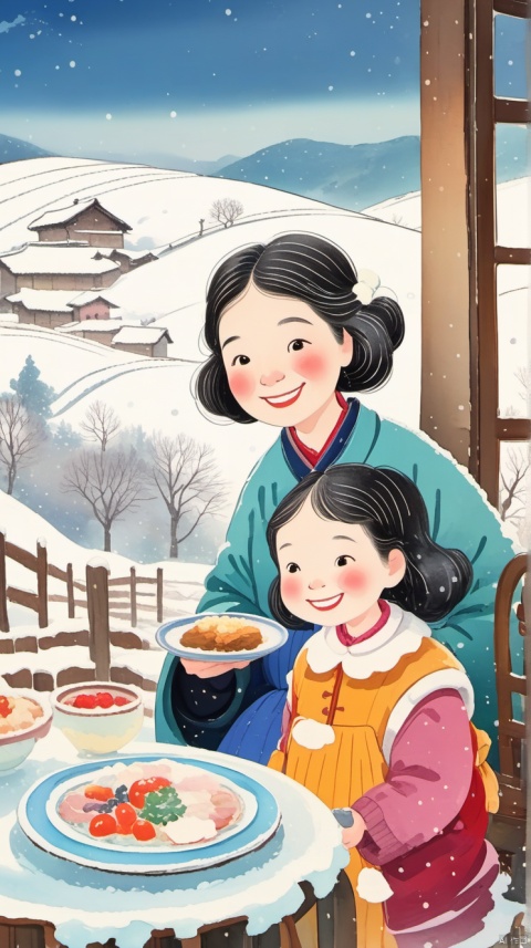 乡村, An idyllic countryside vista with undulating hills and quaint ,illustration,snowing,(((indoors))),(((an old woman having dinner with a little girl))),the little girl has black hair,smiling,happy,