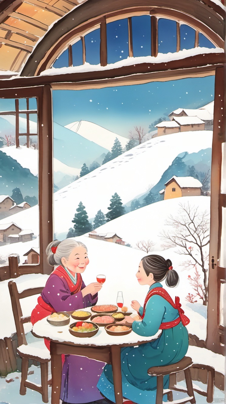 乡村, An idyllic countryside vista with undulating hills and quaint ,illustration,snowing,(((indoors))),(((an old woman having dinner with a little girl))),