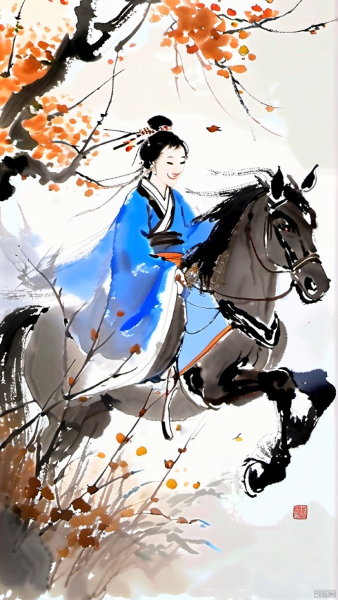  ink-painting,Chinese ink and wash,(1girl:1.5),autumn, spring_leaves, bare_tree, branch, horseback_riding, outdoors, blue_hanfu, solo,smile