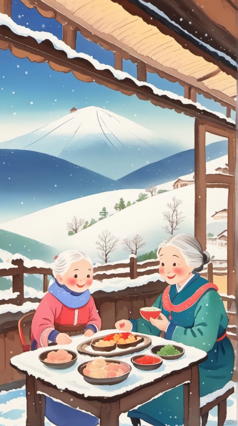 乡村, An idyllic countryside vista with undulating hills and quaint ,illustration,snowing,(((indoors))),(((an old woman having dinner with a little girl))),