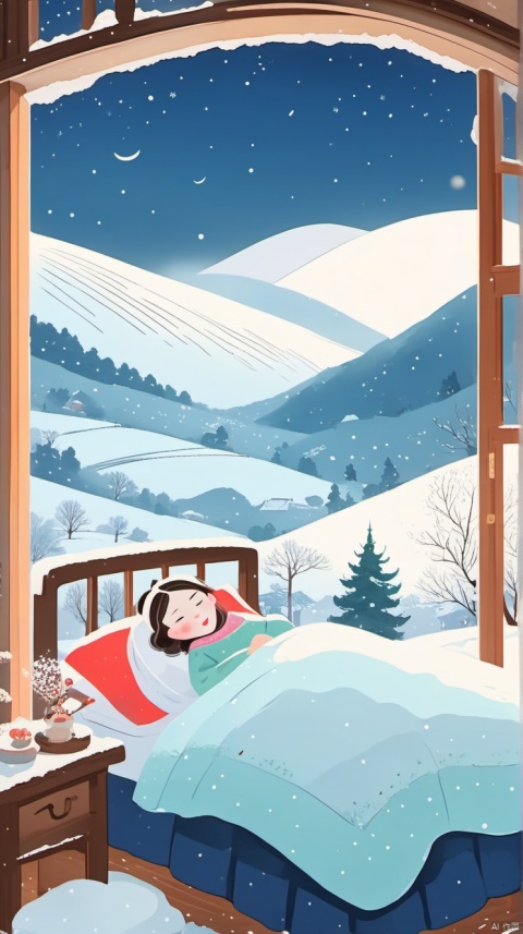 乡村, An idyllic countryside vista with undulating hills and quaint ,illustration,snowing,(((indoors))),(((1 girl lying in the bed,having sweet dreams))),