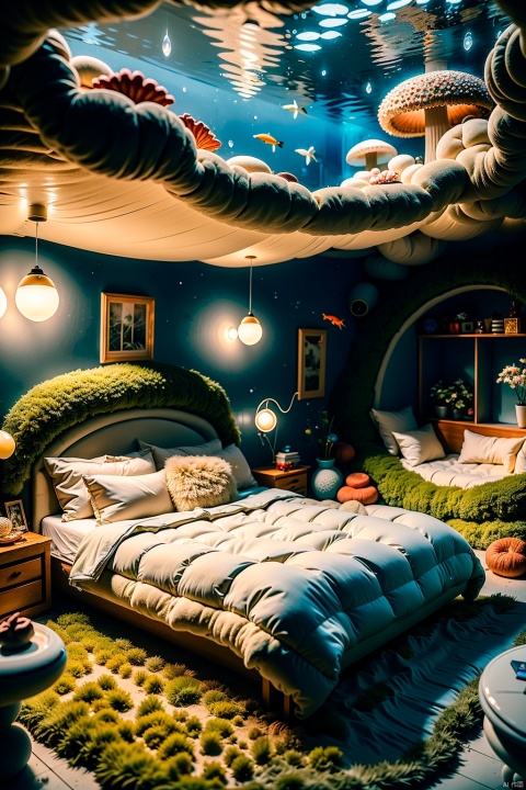  A bedroom under the sea, surrounded by dreamy mushrooms. The walls are made of colorful corals and anemones, with glowing jellyfish and colorful fish swimming above through the ceiling. The bedroom is elegantly decorated with a bed made of shells and seaweed, with a conch shell lamp beside it. The whole room is filled with a mysterious and enchanting ocean atmosphere, suitable for high-definition underwater photography, intricate details, clear focus, vivid colors, realistic art, suitable for framing, interior design, and fine art prints.