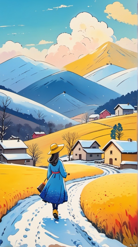 乡村, An idyllic countryside vista with undulating hills and quaint farmhouses, in the style of poster art, hyper-detailed, richly colored skies, colorful, Oilpainting,cozyanimationscenes,illustration,snowing,1girl,black shoes,(blue dress),yellow hat,