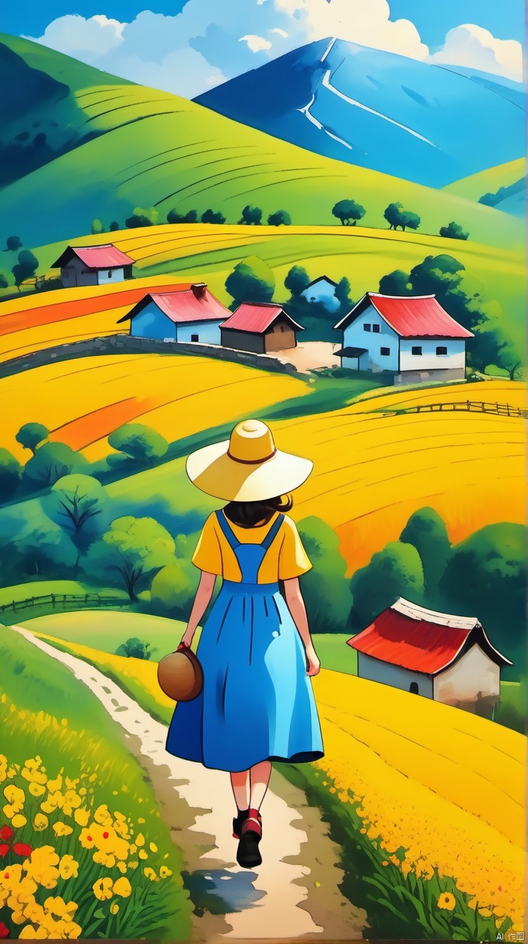乡村, An idyllic countryside vista with undulating hills and quaint farmhouses, in the style of poster art, hyper-detailed, richly colored skies, colorful,Oilpainting,cozyanimationscenes,illustration,雪景,1girl,black shoes,blue dress,yellow hat,
