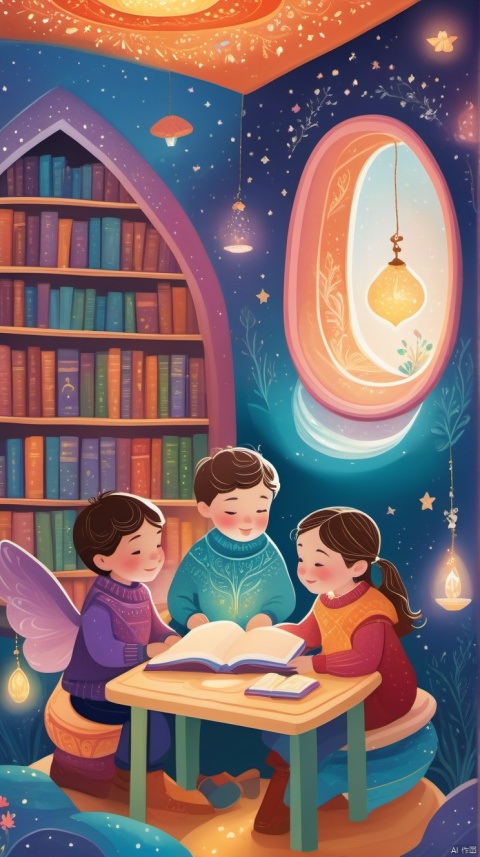 Two children, a boy and a girl, sitting in a magical reading nook filled with fantasy. The boy is wearing a cozy sweater, and the girl is in a dress with patterns. Surrounding them are bookshelves brimming with colorful books, next to a uniquely shaped lamp casting a warm glow. In the background, book pages flutter like wings in the air, symbolizing the boundless imagination brought by reading. The scene is vivid with bright colors, evoking a dreamy and tranquil atmosphere. The style leans towards a fairy-tale-like dreaminess and warmth, with attention to the children’s focus and the variety of books.